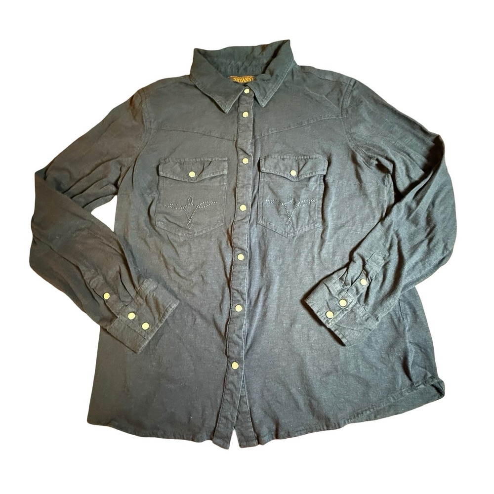 Shyanne Womens Western Pearl Snap Shirt Navy Cotton Long Sleeve Embroidered L - Picture 1 of 11